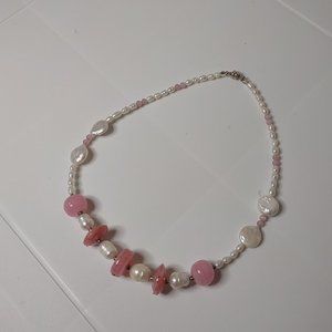 Cute Pink Glass And Faux Pearl Bead Necklace With Magnetic Clasp